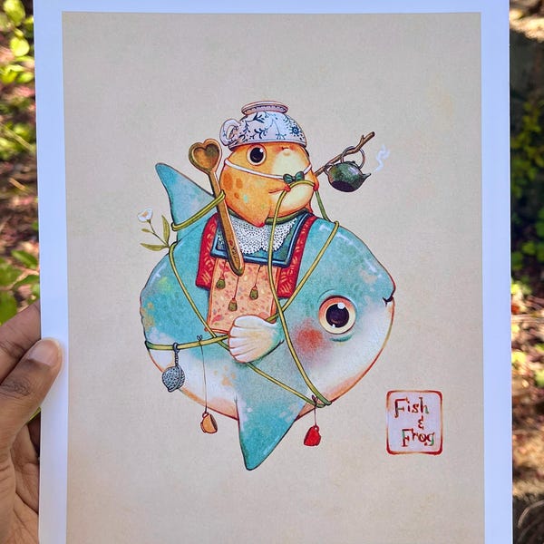Fish and Frog (Sunfish) | Art Print | Original Wall Hanging | Cottagecore Frog Art | Cute Gift