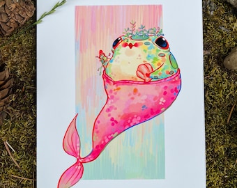 Mermaid Frog Art Print | Original Wall Art | Mermay Print | Cute Frog Art | Cottagecore Decor | Mermaid Princess