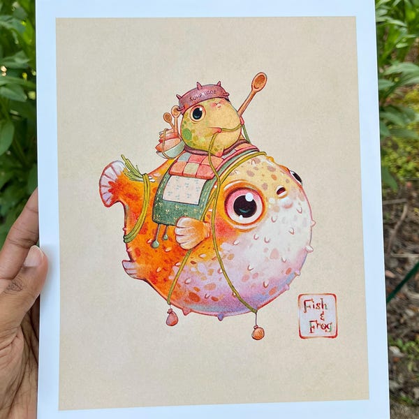 Fish and Frog (Pufferfish) | Art Print | Original Wall Hanging | Cottagecore Frog Art | Cute Gift