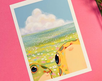 May include: Two cartoon frogs with big eyes looking up at a fluffy white cloud in a blue sky. The frogs are sitting in a field of green grass and colorful flowers.
