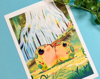 May include: Two cartoon frogs with large eyes and colorful spots are standing in front of a waterfall in a green forest. The frogs are facing each other and appear to be talking.