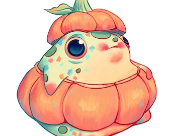 May include: A small, green frog wearing a bright orange pumpkin costume. The frog has large, blue eyes and a small, pink nose. The pumpkin costume has a green stem and leaves.