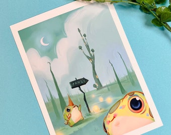 May include: A whimsical art print featuring two cartoon-like creatures in a fantasy landscape. One creature wears a cone hat and points towards a sign that reads "CANDY". The scene is set in a green and blue environment with a crescent moon.