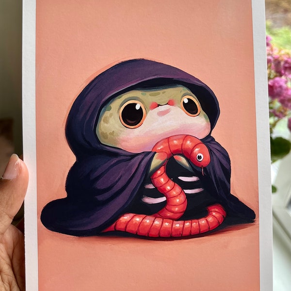 Grim Frog and Worm | Art Print | Original Wall Hanging | Cottagecore Frog Art | Cute Gift | Cute Frog