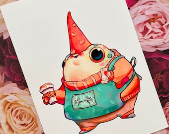 May include: A cartoon frog wearing a pumpkin hat, a green apron, and an orange sweater holds a cup of coffee and a receipt.