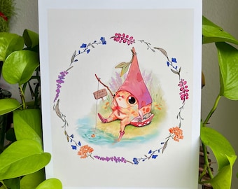 Gone Fishing Frog | Art Print | Original Wall Hanging | Cottagecore Frog Art | Cute Gift