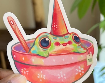 Frog in a Bowl Sticker | Vinyl Water Resistant Sticker | Cute Frog Sticker | Cottagecore Frog | Not for Eating