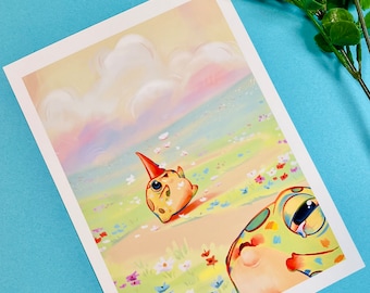 May include: A whimsical illustration of two cartoon frogs in a field of flowers. The frog in the foreground is looking up at the sky, while the frog in the background is wearing a party hat and walking away.