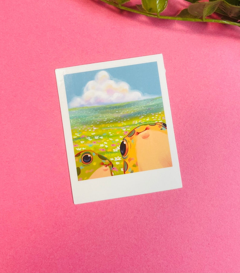 May include: A whimsical illustration of two frogs looking up at a fluffy white cloud in a blue sky. The frogs are green and yellow with black spots and are surrounded by a field of colorful flowers.
