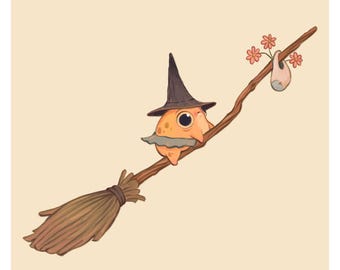Broom Witch Frog | Art Print | Original Wall Hanging | Cottagecore Frog Art | Cute Gift