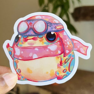 May include: A colourful frog wearing a pink scarf and goggles. The frog has a white background with a blue outline.