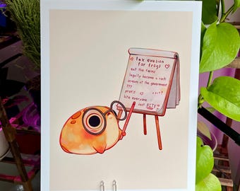 May include: A cartoon frog wearing glasses and holding a pointer stands in front of a whiteboard with the text "tax evasion for frogs" and a list of steps: "eat the forms", "legally become a rock", "scream at the government", "777", "profit", "bite everyone", "just BITE".