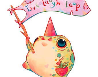 May include: A cartoon frog wearing a party hat and holding a banner that says "Live Laugh Leap" and a strawberry. The frog is yellow, green, and red.