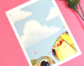 May include: Two cartoon turtles with big eyes and colorful shells are looking up at a blue sky with white clouds. The turtles are facing each other and appear to be talking.