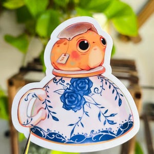 Marigold with Tea Cup Frog Sticker | Vinyl Waterproof Sticker | Cute Sticker | Tea