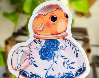 Marigold with Tea Cup Frog Sticker | Vinyl Water Resistant Sticker | Cute Sticker | Tea