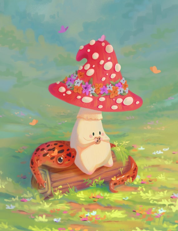 Lonely Mushroom Art Print | Original Wall Art | Mushroom Decor | Mushroom on Log | The Lonely Mushrooms - Snack Break