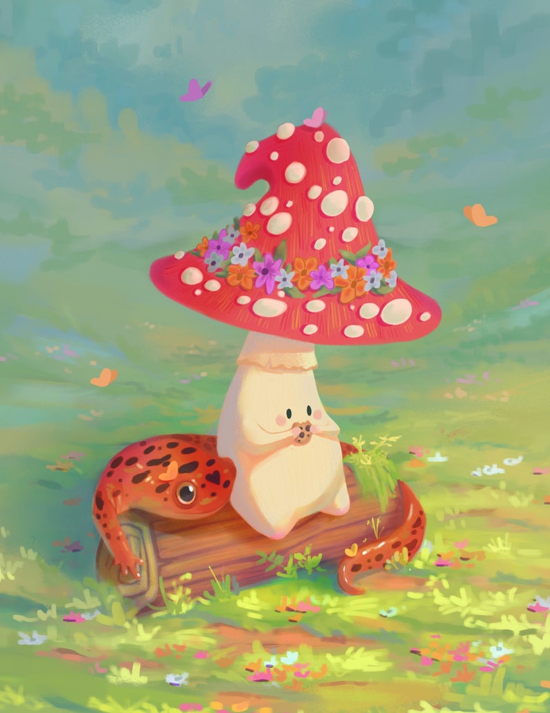 May include: A red and white mushroom with a flower crown sits on a log with a red and brown salamander. The mushroom has a white face and is holding a cookie.
