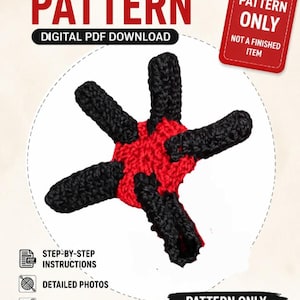 May include: A crochet headgear pattern in red and black, with the text "CROCHET HEADGEAR PATTERN DIGITAL PDF DOWNLOAD". The image includes a tag that says "PATTERN ONLY NOT A FINISHED ITEM". The pattern is beginner friendly and includes step-by-step instructions and detailed photos.