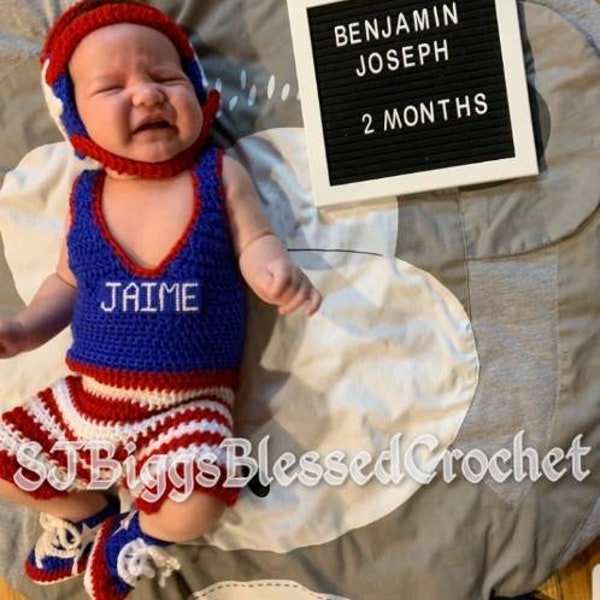 Wrestling baby newborn to 0 to 3 month size  Red white and blue! These sets come with stars on shoes&headgear!