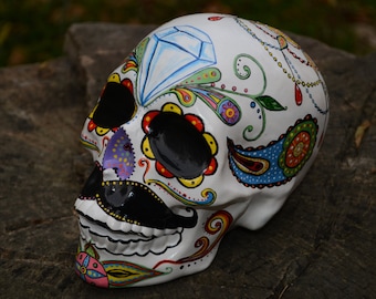 One of a kind Hand Painted Custom Dia de Los Muertos Day of the Dead Diamond Moustache Mexican Folk Art Sugar Skull Sculpture MADE TO ORDER