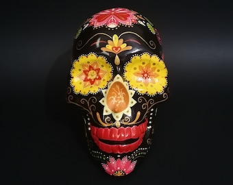 Teschio di zucchero, teschio messicano, decorazioni floreali, giorno dei morti, calavera, teschio fatto a mano, teschio dipinto, Dia de Muertos, arte del teschio umano