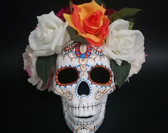 Santa Muerte, Dead Girl Skull, Mexican Folk Art, Skull Gift, Skull Art, Sugar Skull, Calavera, Sculpture, Faux Roses, Day of the Dead