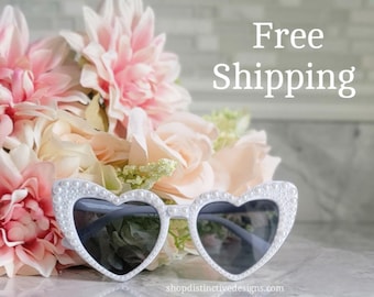 Bride Sunglasses, Heart Sunglasses, Wedding Sunglasses, Heart Shaped Bride Glasses for Bachelorette Party, Pearl Sunglasses Bride to Be