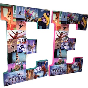 May include: Two large, decorative letter "E" shapes, each filled with collaged images of dancers in various poses. The letters have a teal and pink border. The images include text that reads "4D DANCE MAG".