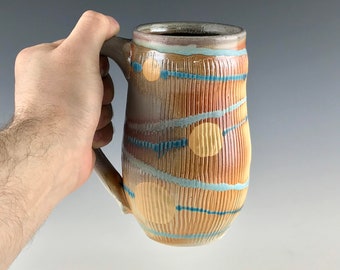 Gordgeous Handmade tall pottery mug, ceramic mug, beer mug, coffee, tea, orange, purple, blue, yellow
