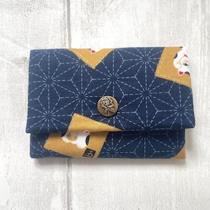 Lucky Cat Maneko Neki Asanoha Cotton Handmade Card Wallet // Gift for her