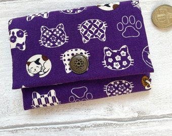 Lucky Cat purple Japanese print Cotton Handmade Card Wallet // Gift for her