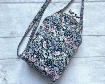 Liberty of London Gray and Pink Strawberry Thief Metal Frame Purse//Crossbody Bag//Frame Purse/Gift for her/