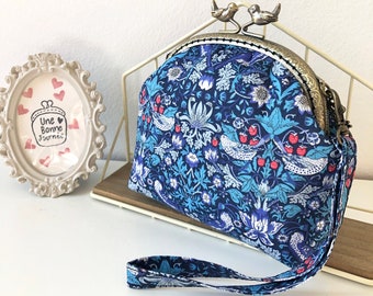 Liberty of London Strawberry Thief Navy Blue Vintage Frame Purse • Retro Bird Clasp Pouch