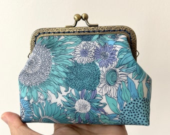 Liberty of London Blue sunflower small Suzanna blue vintage frame Purse • Retro Bronze Metal Frame Kiss Lock Pouch