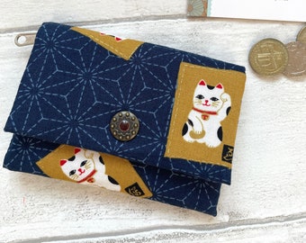 Lucky Cat Maneko Neki Asanoha Cotton Handmade Card Wallet // Gift for her