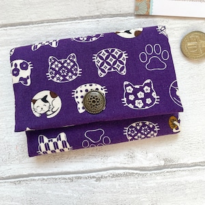 Lucky Cat purple Japanese print Cotton Handmade Card Wallet // Gift for her
