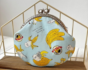 Funny Banana cats Japanese Cotton Handstitched Cat Kisslock Metal Frame Coin Purse//Cat Lover Purse//Gift for her//Cat Wallet