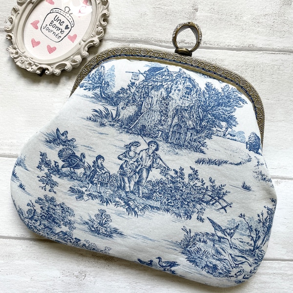 Pastoral Blue colorway Toile de Jouy French Vintage Frame Purse/Clutch Handbag/Metal Chain Purse