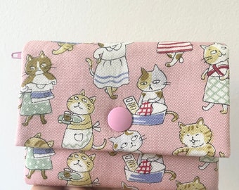 Pink Housework Cats Japan Oxford Cotton Card Wallet//Children Wallet//Girls Wallet//Gift for Kids