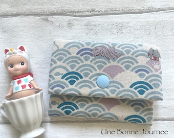 Funny Cats in Ocean Waves Seihaiga Japan Cotton Mini Wallet | Cute Cat Card Coin Purse for Kids and Adults