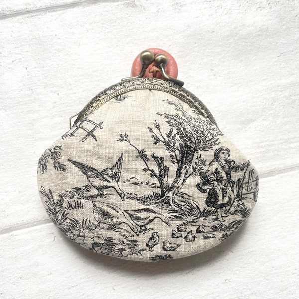 Gray Colorway Toile de Jouy Vintage Frame Coin Purse//Shabby Cottage Style wallet//Gift for her