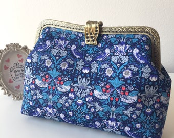 Liberty of London Tana Lawn Navy Blue Strawberry Thief Vintage Frame Clutch Purse