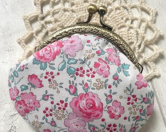 Liberty of London Felicite Pink Roses Tana Lawn Handstitched Vintage Metal Frame Coin Purse //Gift for her