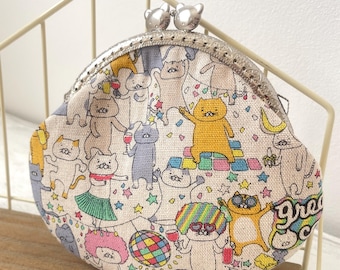 Japanese Party Cats Coin Purse • Silver Cat Clasp Kiss Lock Pouch • Handmade Kitten Linen Fabric Wallet • Funny Cat Lover Gift for Her