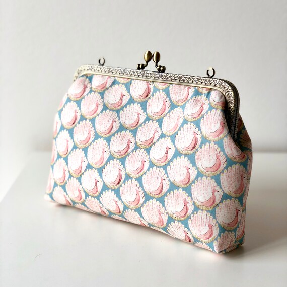 Liberty of London Turquoise Peacocks of Grantham Hall Handstitched Vintage Frame Purse Frame Makeup Pouch Gift for her
