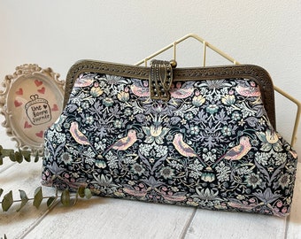 Liberty of London Elegant Brown and Grey Strawberry Thief Handstitched Vintage Frame Purse Clutch//Frame Handbag//Gift for her