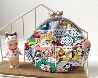 Comics Cats in Oxford Cotton Handstitched Vintage Metal Frame Coin Purse//Cat Lover Purse//Gift for her//Cat Wallet