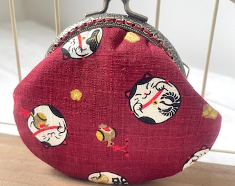 Cute Lucky Cats Maneki-Neko Japanese Cotton Bordeaux Red color Hand Stitched Metal Frame Purse // Gift for her