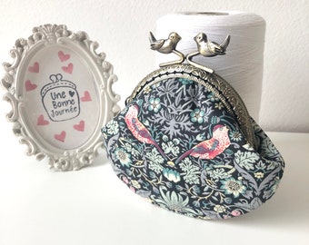 Liberty of London Grey and Pink Strawberry Thief Handstitched Vintage Metal Frame Coin Purse//Love Birds Purse//Gift for her